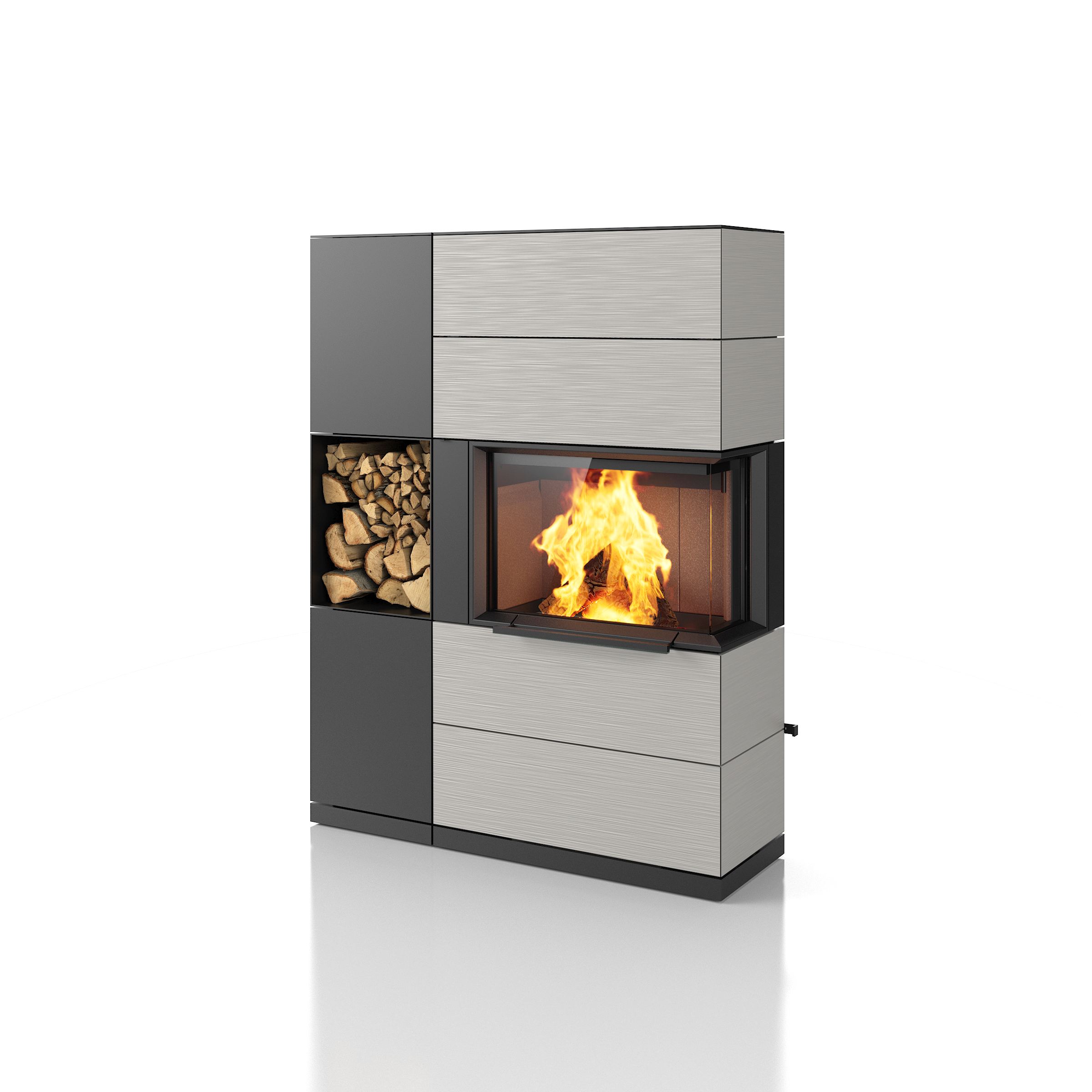 PADUA 160, Houtopslag module links met aansluit rookgaskanaal zijkant en aansluiting voor luchttoevoer